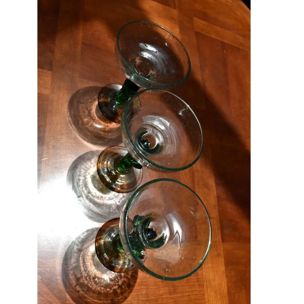 Set of 3 Mexican Hand Blown Cactus Stem Margarita Glasses Blown Heavy Barware